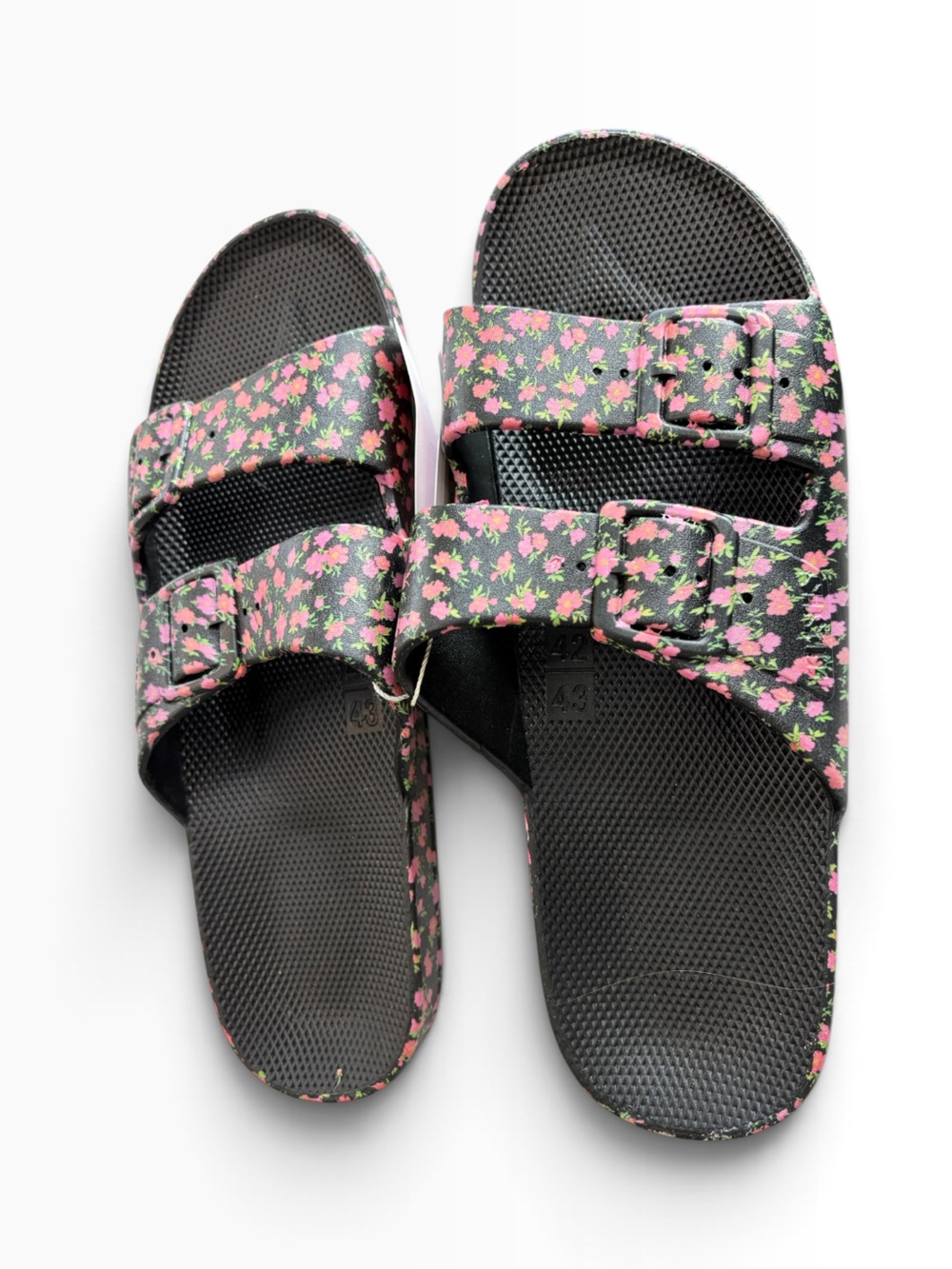 Freedom Moses Women’s Black Slide Sandals with Pink Floral Pattern